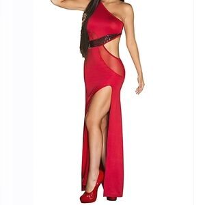 Mapalé by Espiral Red Shimmer and Mesh One Shoulder Floor Length Gown, M